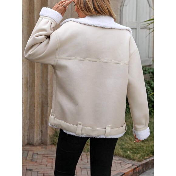 Women beige LY VAREY LIN Faux Leather Sherpa Aviator Bomber Jacket - Picture 6 of 7